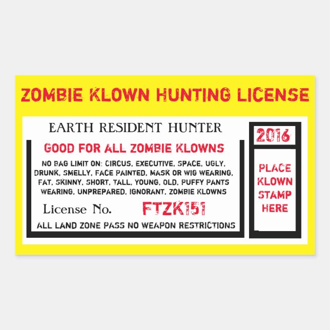 ZOMBIE KLOWN HUNTING LICENSE RECTANGULAR STICKER (Front)