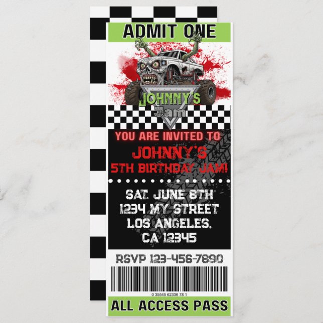 Zombie Monster Truck Ticket Birthday Invitation (Front/Back)