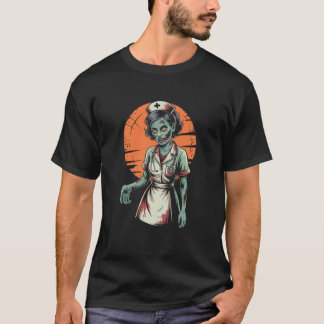 Zombie Nurse Halloween Spooky Full Moon Retro T-Shirt