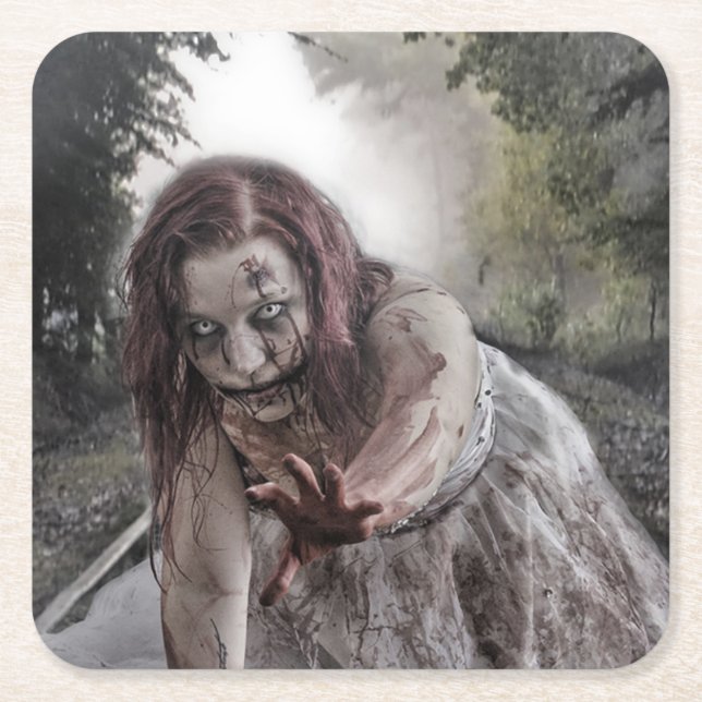 Zombie on the Tracks Square Paper Coaster (Front)