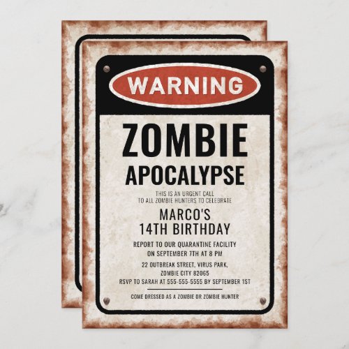 Zombie Outbreak Birthday party with rusty sign Invitation