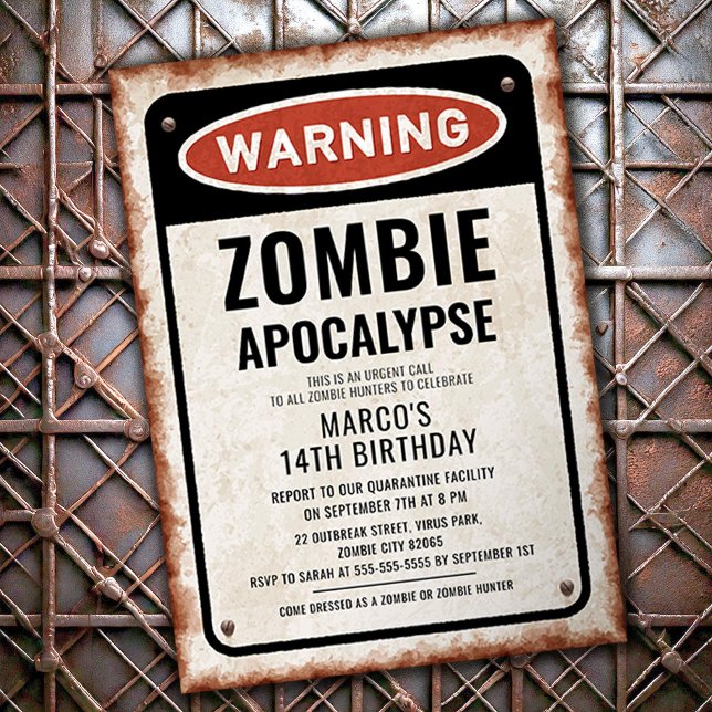 Zombie Outbreak Birthday party with rusty sign Invitation (Creator Uploaded)