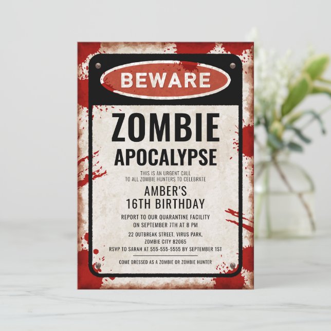 Zombie party with BEWARE sign and blood stains Invitation (Standing Front)