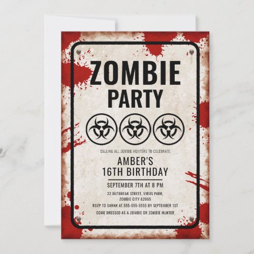 Zombie party with biohazard icons and blood stains invitation