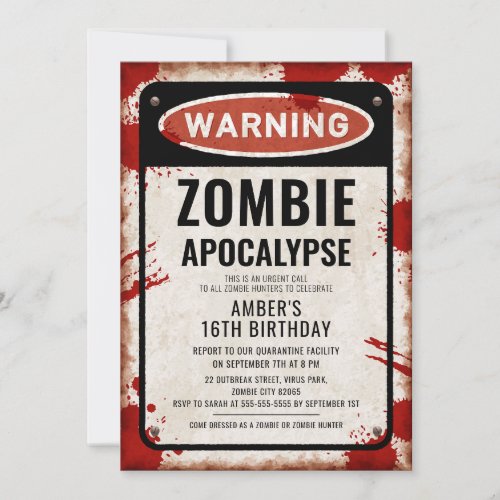 Zombie party with WARNING sign and blood stains Invitation