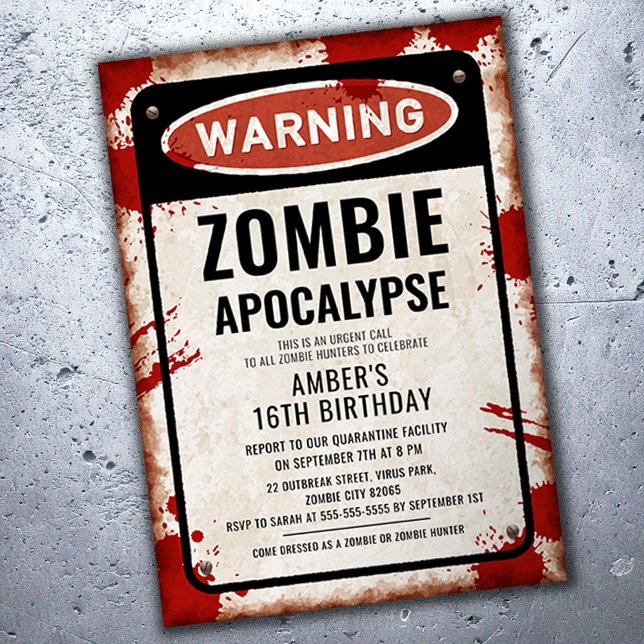 Zombie party with WARNING sign and blood stains Invitation (Creator Uploaded)