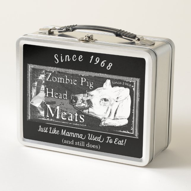 Zombie Pig Head Meats - Since 1968 Black & White Metal Lunch Box (Front)