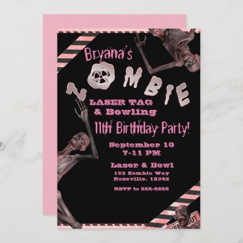 Zombie Pink  Black Girls Birthday Party Inviation Invitation