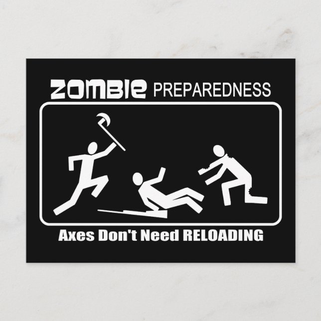 Zombie Preparedness Axes Reloading WHITE Design Postcard (Front)