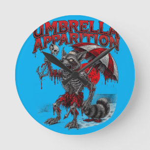 Zombie Raccoon holding Skull & Umbrella Macabre Round Clock