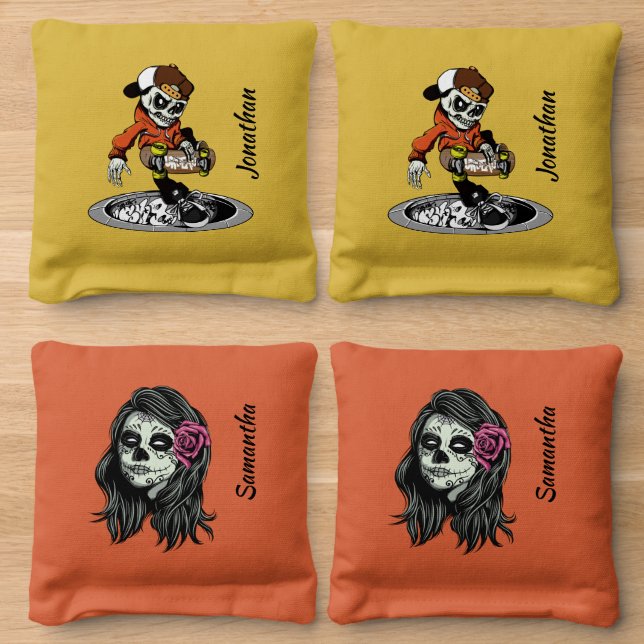 Zombie Skater & Woman custom names Cornhole Bags (Wood)