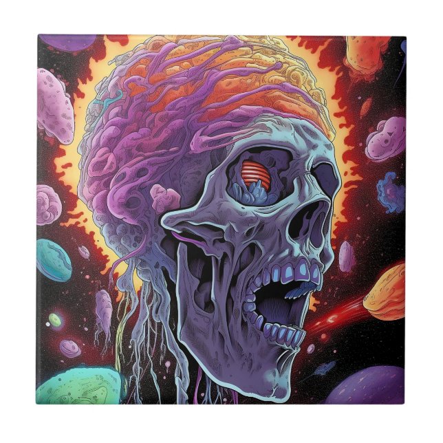 Zombie Skull Creature Sci-fi Horror Art Ceramic Tile (Front)