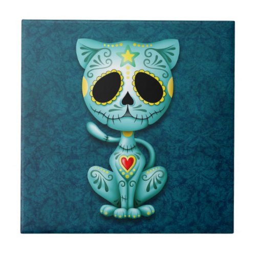 Zombie Sugar Kitten blue Ceramic Tile