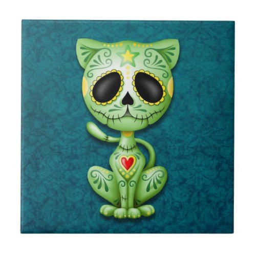 Zombie Sugar Kitten green and blue Tile