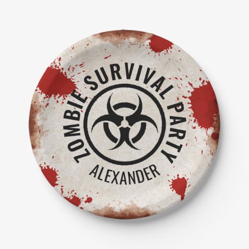 Zombie survival party with a rusty sign and blood paper plates