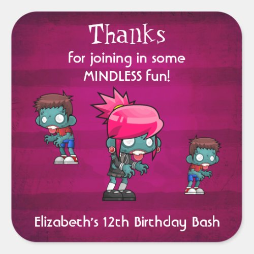 Zombie Theme Birthday Thank You Square Sticker