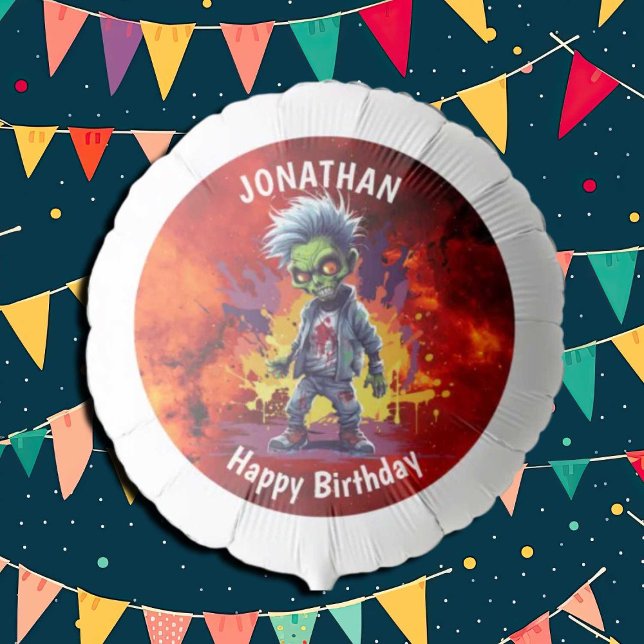 zombie-themed boy birhday balloon (Zombie Walkers,  Your birthday party won't be complete without an array of gruesome zombie props! )