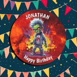 zombie-themed boy birhday round paper coaster<br><div class="desc">zombie-themed boy birhday Fiery Zombie personalized plates for a little boy. Click the "Customize it!" button to change the text size, text color, font style and more! If this product has the option to transfer the design to another item, please make sure to adjust the design to fit if needed....</div>