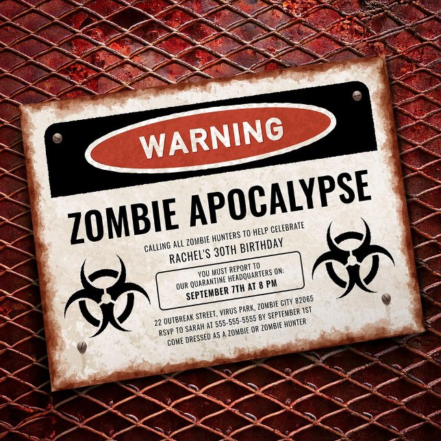 Zombie-themed party invite with warning sign (Creator Uploaded)