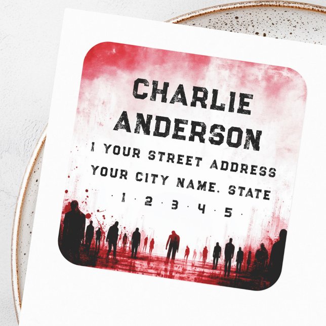 Zombie themed red black Halloween return address Square Sticker (Zombie themed red black Halloween return address Square Sticker)