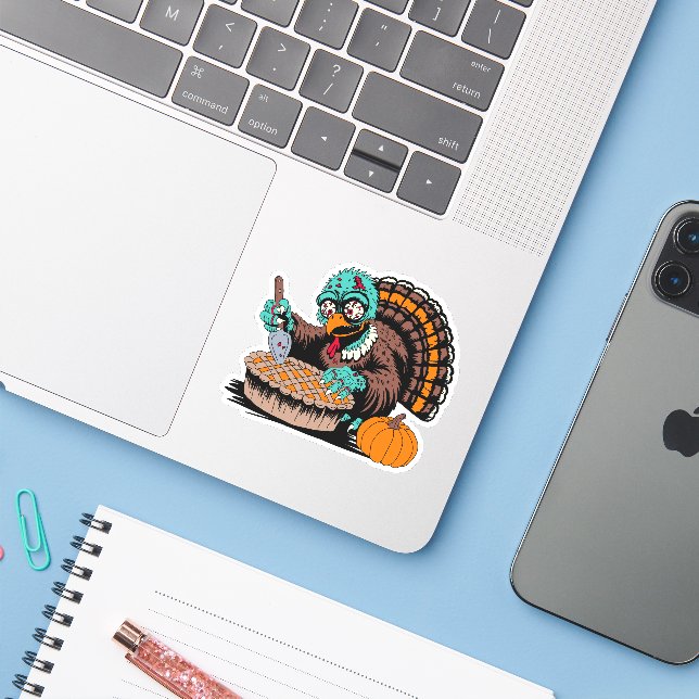 Zombie Turkey Wants Pumpkin Pie Sticker (Laptop w/ iPhone)