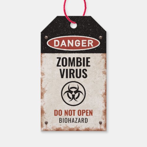 Zombie virus favor tag with rusty danger sign