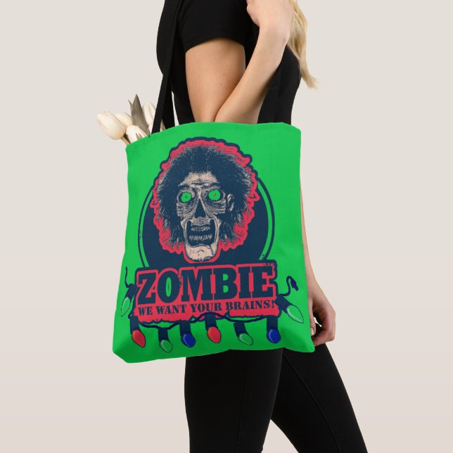 Zombie - We Want Your Brains -Green & Red Tote Bag (Close Up)