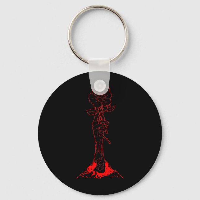 Zombiecore Aesthetic Zombie Hand Red Rose Skeleton Keychain (Front)