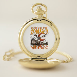Zombies Chase Us Halloween Graveyard Crescent Moon Pocket Watch