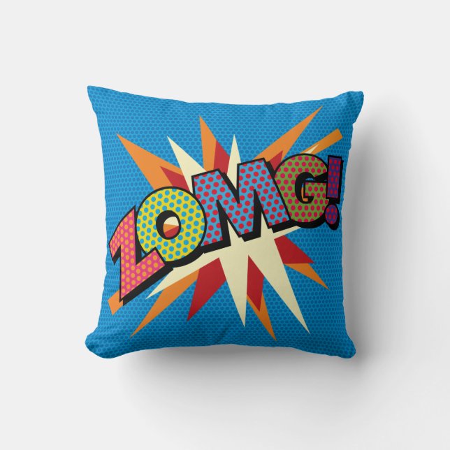 ZOMG Fun Comic Book Pop Art Typography Throw Pillow (Front)