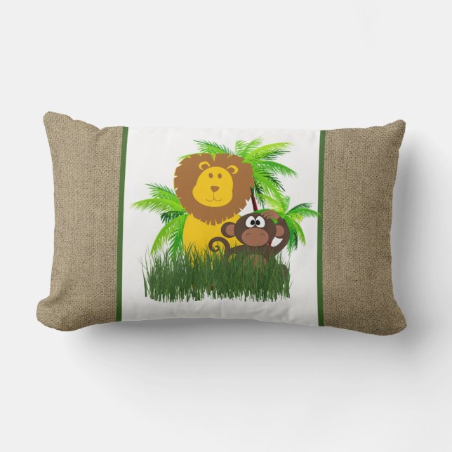 Zoo Animal Friends  Lion and Monkey Kids Burlap  Lumbar Pillow (Front)