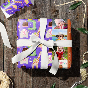 Zoo Animal Pattern Purple Happy Birthday Photo Wrapping Paper