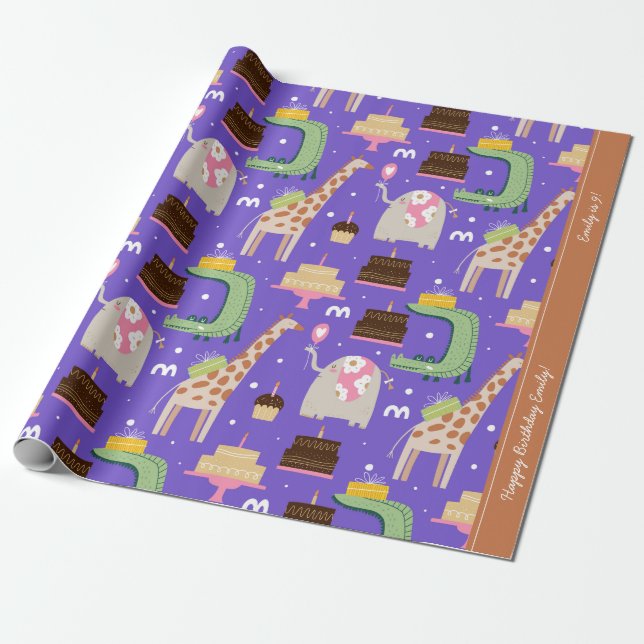 Zoo Animal Pattern Purple Happy Birthday with Text Wrapping Paper (Unrolled)
