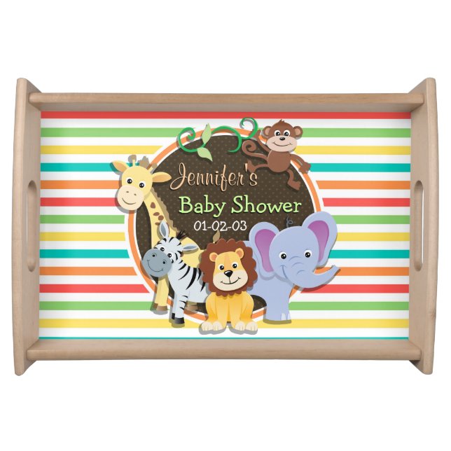 Zoo Animals Baby Shower, Bright Rainbow Stripes Serving Tray (Front)