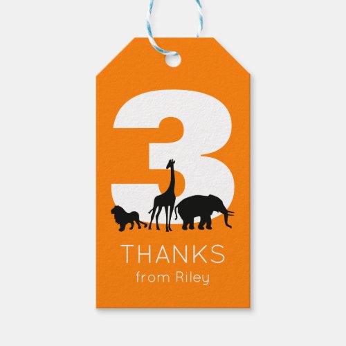 Zoo animals birthday party orange thank you gift tags