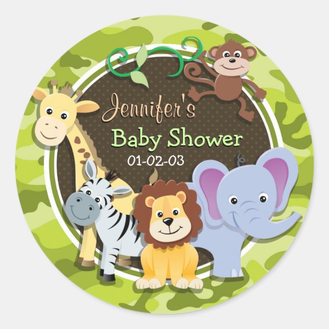 Zoo Animals; bright green camo, camouflage Classic Round Sticker (Front)