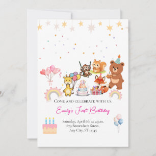 Zoo animals cute first birthday invitation