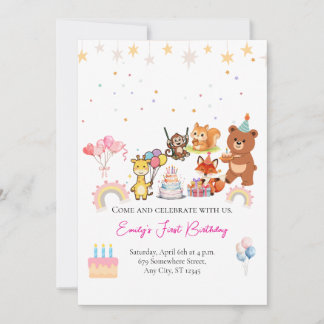 Zoo animals cute first birthday invitation