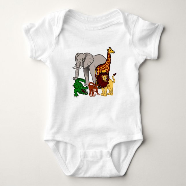 Zoo Animals giraffe, monkey, lion, elephant, croc Baby Bodysuit (Front)