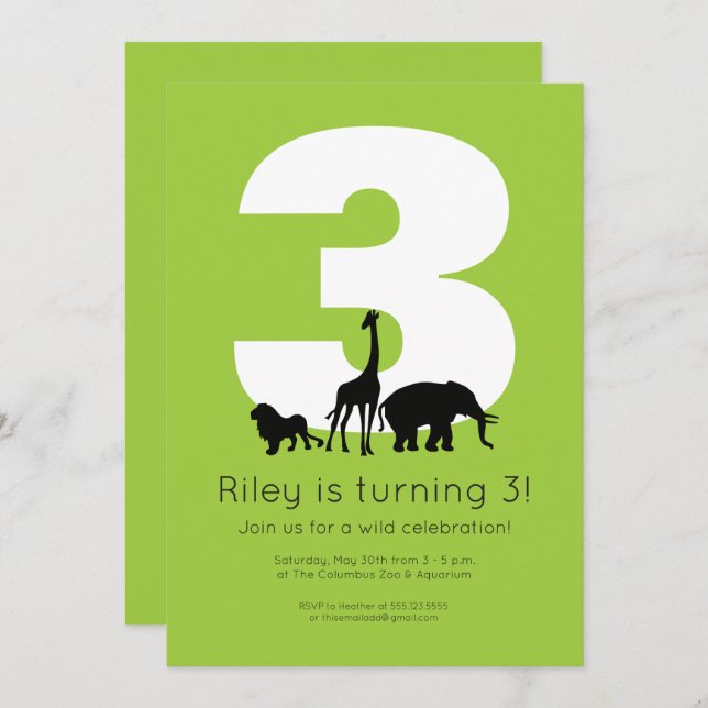 Zoo animals green kid's birthday invitation (Front/Back)