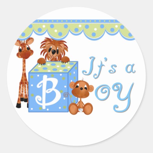 Zoo Animals Its a Boy Baby Annoucement Cards Classic Round Sticker