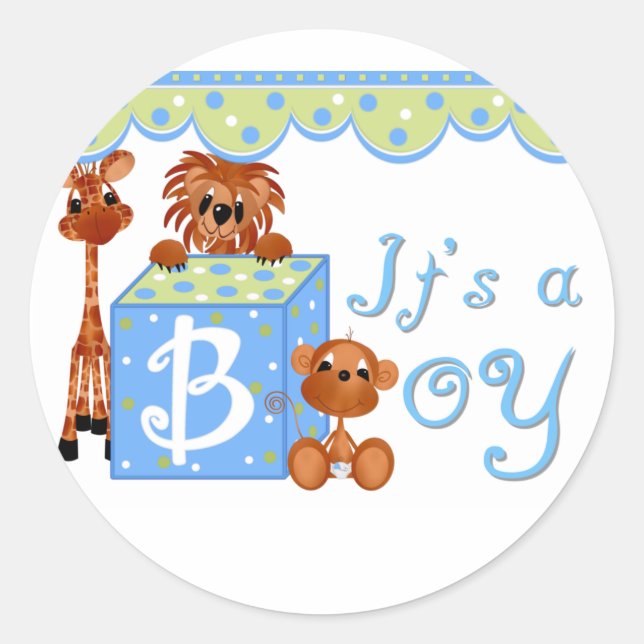 Zoo Animals It's a Boy Baby Annoucement Cards Classic Round Sticker (Front)