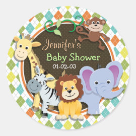 Zoo Animals on Colorful Argyle Classic Round Sticker