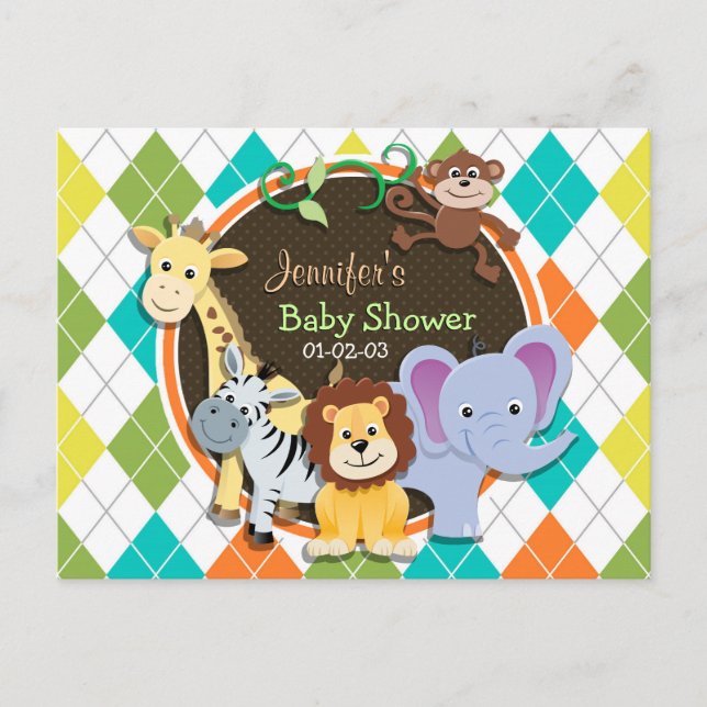 Zoo Animals on Colorful Argyle Invitation Postcard (Front)