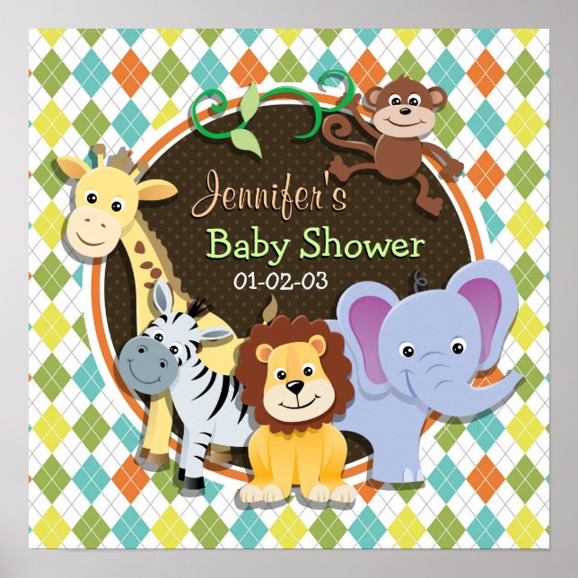 Zoo Animals on Colorful Argyle Poster (Front)