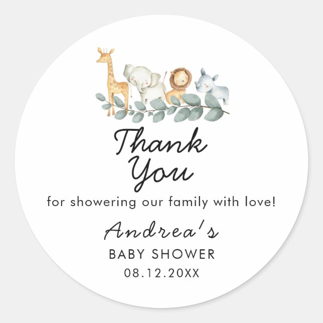 Zoo Animals Theme Baby Shower Thank You Classic Round Sticker (Front)