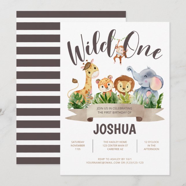 Zoo Animals Wild One Birthday Invitation (Front/Back)