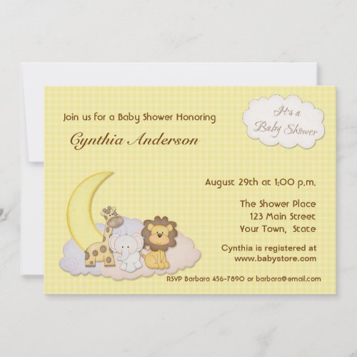 Zoo Animals, Yellow Checks, Baby Shower Invitation