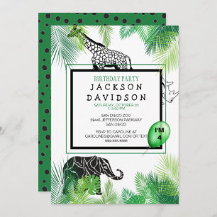 Zoo Boy's Birthday Party Foliage Giraffe Elephant Invitation