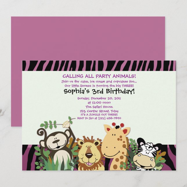ZOO CREW 5x7 Trendy Zebra Stripe Jungle Party Invitation (Front/Back)